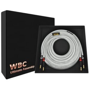 WORLDS BEST CABLES 15 pés Ultimate - 8 AWG - Ultra-Pure OFC - Cabo de alto-falante audiófilo HiFi premium para canal central com plugues banana dourados Eminence e jaqueta de tweed prata (Equipamentos)