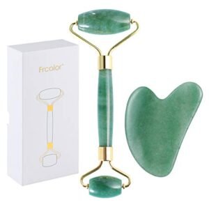 Rolo de jade para rosto, conjunto de pedras faciais naturais de jade, massageador de pele com ferramentas de raspagem Gua Sha (Beleza)