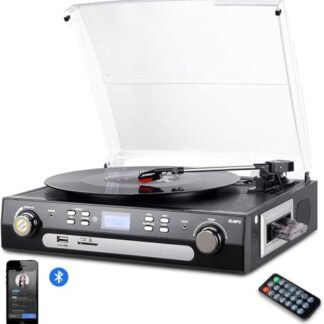 toca-discos de vinil,Vinil Player Bluetooth VEDO VD-M360 com Rádio AM/FM, Conversão para MP3 via USB/SD, Cassete, Auto-Falantes Estéreo, Controle Remoto - Design Retro Preto (Equipamentos)