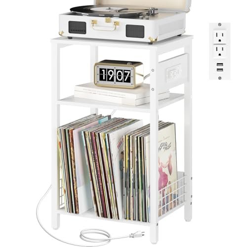 Yoobure Suporte para toca-discos, mesa lateral branca de 3 níveis com estação de carregamento, suporte de disco pequeno com armazenamento de vinil, suporte para toca-discos ao lado de mesas para CD de (Equipamentos)