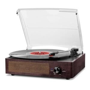 Gira-discos em vinil, reprodutor de vinil gira-discos vintage Bluetooth com altifalantes incorporados, 3 velocidades de 33/45/78 RPM, giratória-discos de vinil, saída RCA/Aux em castanho (Equipamentos)