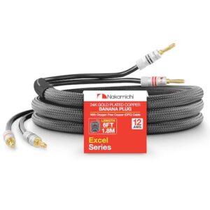 Nakamichi Plugue banana banhado a ouro 24 k série Excel com cabo de alto-falante 12AWG 99,9% cobre livre de oxigênio (OFC) trançado resistente para amplificador Hi-Fi Home Theater - preto (1,8 m) (Equipamentos)
