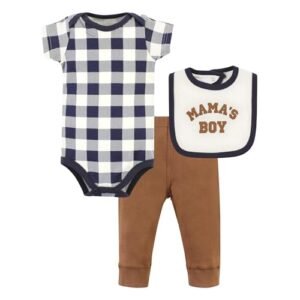 Hudson Baby Body unissex de algodão, conjunto de calça e babador, marrom marinho Mamas menino, recém-nascido (Bebê)