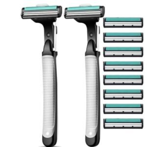 Kit 2 Aparelho de Barbear com 2 Lâminas de Aço Inox, 8 Cartuchos de Refil, com Fita Lubrificante, Antialérgico Depilação Barba (Aparelhos de Cuidados Pessoais)