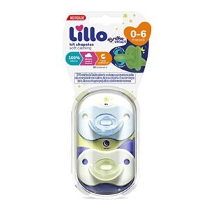 Lillo Kit De Chupeta 100% Silicone Calming Brilha No Escuro Bico Simétrico 0 A 6 Meses - Azul (Bebê)