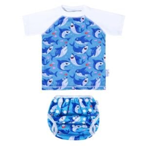 babygoal Roupa de banho para bebês com fralda de natação 2 peças para bebês meninos e meninas, roupa de banho com top para aulas de natação, Tubarão azul, 0-12 Months (Bebê)