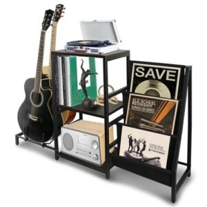 EASTROCK Suporte para toca-discos e mesa de toca-discos – Armazenamento de discos de vinil de 3 níveis para acústico, guitarra elétrica, baixo, alto-falante, amplificador (Equipamentos)