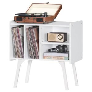 LELELINKY Suporte para toca-discos, mesa de armazenamento de discos de vinil com 4 armários de até 120 álbuns, suporte de toca-discos de meados do século com pernas de madeira, prateleira de exibição (Equipamentos)