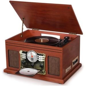 VEDO Toca-Discos 10 em 1 Phoenix: Giradiscos Profissional 3 Velocidades (33/45/78 RPM) para Vinil, Conversor LP/MP3, CD, Cassete, Rádio FM, Bluetooth 5.0 - Madeira Mogno com Alto-Falantes Estéreo (Discos de Vinil)