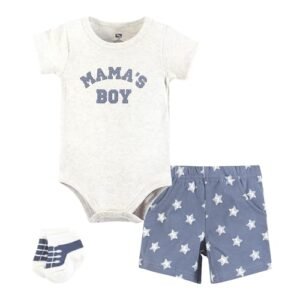 Hudson Baby Body unissex para bebê, short e meia, conjunto de 3 peças, Mamas Boy Blue Star, 0-3 Meses (Bebê)