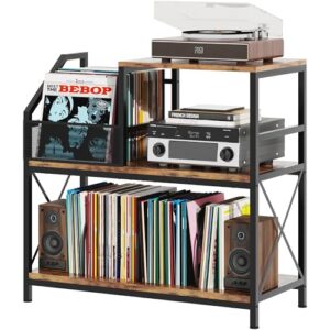 Suporte para toca-discos, suporte para toca-discos com 3 divisórias ajustáveis, comporta até 300 álbuns, mesa vintage com suporte para discos de vinil, armário para sala de estar, quarto, escritório (Equipamentos)