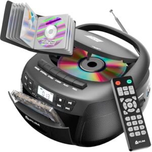 KLIM Leitor de CD com capa, Bluetooth Boombox, rádio AM/FM, som estéreo, controle remoto, combo de CD e cassete, gravação em fita, unidade USB, AUX, alimentação AC/DC (CDs)
