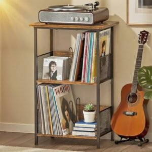 Suporte para toca-discos, suporte de disco de vinil de 3 níveis, suporte para toca-discos com 2 divisórias e 4 pés ajustáveis, mesa de toca-discos com armazenamento de discos de vinil de até 200 (Equipamentos)