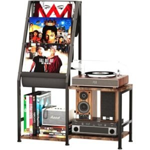 Homeiju Suporte 3 em 1 para toca-discos com armazenamento de vinil, armário de discos e suporte para toca-discos, serve para 200 álbuns, organizador de armazenamento de mídia vintage/detalhe de (Equipamentos)