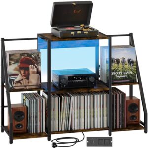 HavenlyYouth Suporte para toca-discos, suporte para discos de vinil de até 300 álbuns, mesa grande para tocadores com tomada elétrica e luz LED, rack de armazenamento vintage para revistas, livros (Equipamentos)