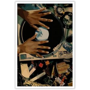 ZHGYGBN Arte de parede em tela de música abstrata e cultura - toca-discos de DJ mãos no toca-discos, pôster de disco de vinil vintage para decoração de casa, sala de música, quarto, sala de estar, (Discos de Vinil)