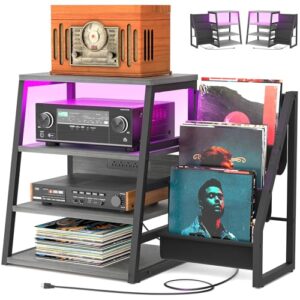 Suporte de mídia AV com tomadas, suportes estéreo e prateleiras com armazenamento de vinil, suporte estéreo com armazenamento de discos, gabinete de rack estéreo de áudio, suporte de console de (Equipamentos)