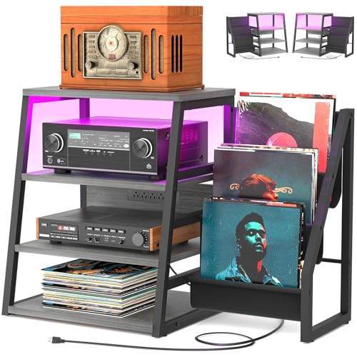 Suporte de mídia AV com tomadas, suportes estéreo e prateleiras com armazenamento de vinil, suporte estéreo com armazenamento de discos, gabinete de rack estéreo de áudio, suporte de console de (Equipamentos)