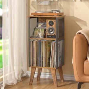 Suporte para toca-discos, suporte de toca-discos com armazenamento de discos de vinil de até 100 álbuns, mesa de toca-discos com divisor ajustável, suporte retrô para discos de vinil com pernas de (Equipamentos)