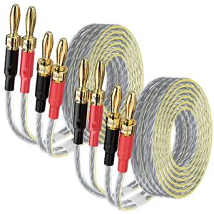 Mygatti Pacote com 2 cabos de fio plano para alto-falante 16/2 com plugues de ponta banana 3 m, fio AWG calibre 16, cobre OFC estanhado, jaqueta transparente com marcador de polaridade amarelo, para (Equipamentos)