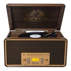 VICTOR Centro de Música Toca-Discos Monument 8 Em 1 com Toca-Discos de 3 Velocidades, Tocador de Cd/Mp3/Cassete, Rádio Am/Fm, Entrada e Saída Bluetooth Dupla, Reprodução e Gravação Usb e Alto-Falantes (CDs)