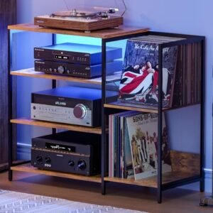 Mesa grande com suporte para toca-discos de vinil, suporte de mídia AV com estação de carregamento e portas USB, suporte de armário estéreo com fita de LED, resistente, pés ajustáveis, rústico, grande (Equipamentos)