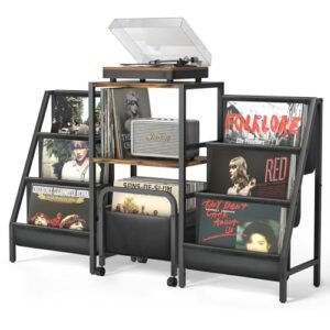 Suporte para toca-discos com carrinho de armazenamento de vinil, mesa de toca-discos com 200 álbuns, suporte para toca-discos com prateleira de exibição de vinil, suporte de mídia estéreo (Equipamentos)