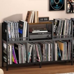 Suporte para toca-discos, suporte para toca-discos com armário de armazenamento de vinil de 3 compartimentos, comporta mais de 300 álbuns, mesa de toca-discos resistente para sala de estar e sala de (Equipamentos)