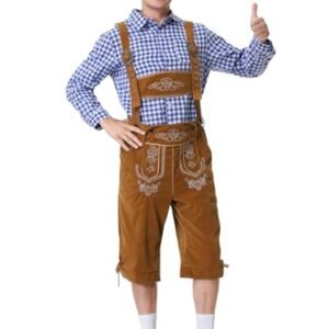 GRAJTCIN Oktoberfest Costumes Bavarian German Oktoberfest Outfit for Men Blue Shirts and Brown Lederhosen Costume Set XL (Cervejas)