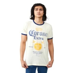 Camiseta masculina com gola redonda e manga curta Corona Extra Label, Off-white, P (Cervejas)