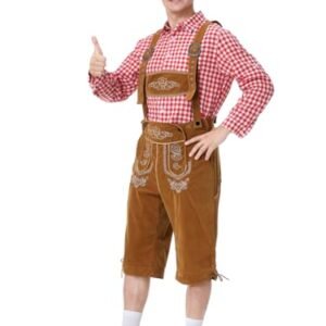 GRAJTCIN Conjunto de fantasia masculina tradicional alemã bávara Oktoberfest Oktoberfest para Halloween e festival de cerveja Oktoberfest, Camisa vermelha e marrom Lederhosen, XXG (Cervejas)