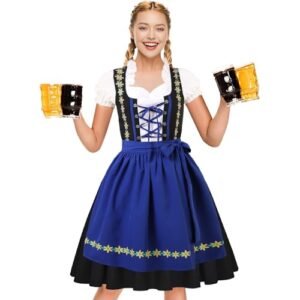 PARTTELY Oktoberfest Outfits Vestido Dirndl feminino Dirndl Alemão Bávaro Cerveja Dirndl Fantasia para Halloween Carnaval, Azul, Medium (Cervejas)