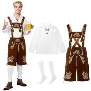 Alaiyaky Oktoberfest Fantasia masculina de cerveja Lederhosen para Halloween, festival de cerveja alemão da Baviera, Branco, XXG (Cervejas)