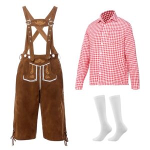 Ficlwigkis Conjunto de fantasia masculina da Oktoberfest da Baviera Alemã, Lederhosen, Oktoberfest, para adultos, fantasias de Halloween, Vermelho, M (Cervejas)
