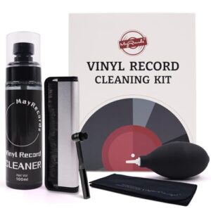 MayRecords Kit de limpeza de disco de vinil, escova de fibra de carbono 5 em 1, fluido de limpeza de 100 ml, pano de limpeza, soprador de ar e escova de limpeza de agulha redonda para toca-discos LP (Discos de Vinil)