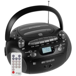 Retekess TR630 CD and Cassette Player Combo, Portable Boombox AM FM Radio, MP3 Player Stereo Sound Support, Recorder, USB, Micro SD, for Family (Black) (CDs)