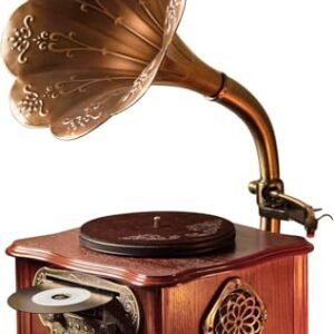 VEDO Toca-Discos Vintage com Corneta de Latão, Vitrola Retrô para Decoração de Casa e Presentes, Reproduz Discos de Vinil de 7, 10 e 12 Polegadas, Bluetooth 4.2 Rádio FM Entrada AUX USB CD 33 e 45 RPM (Discos de Vinil)