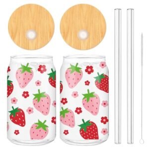 Whaline Strawberry Iced Coffee Cup Spring Summer Strawberry Flower Drinking Glasses 2 Pack Cute Beer Can Glass with Lid Straw Cleaning Brush for Home Office Gifts, 16ozL8 (Cervejas)