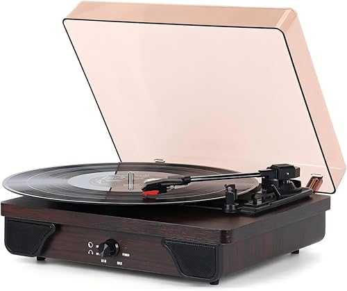 VEDO Toca-discos Retro com Bluetooth, 3 Velocidades (33/45/78 RPM), Alto-falante Integrado, Entrada AUX/RCA e Design em Madeira Marrom - Presente Vintage Iniciantes e Colecionadores de Vinil (Discos de Vinil)