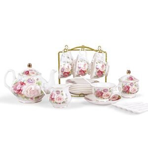 fanquare Conjunto de café de porcelana europeia, conjunto de chá feminino rosa, conjunto de chá de porcelana de ossos, bule de café floral vintage com xícaras (CDs)
