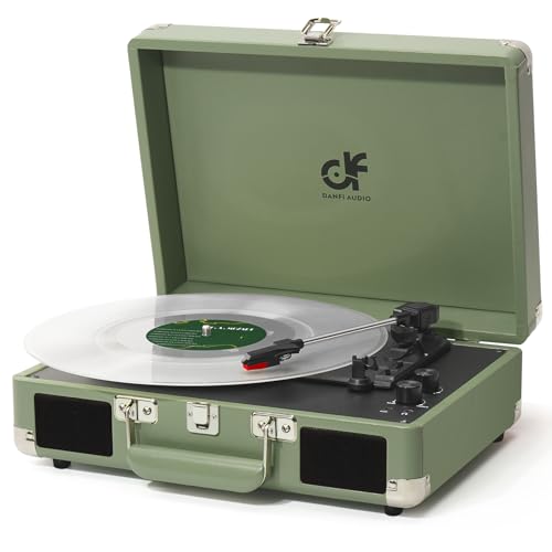 Toca-discos de vinil portátil de 3 velocidades com controle de agudos e graves, alto-falantes embutidos, conector de fone de ouvido de 3,5 mm, saída RCA/entrada auxiliar, toca-discos vintage, verde (Discos de Vinil)
