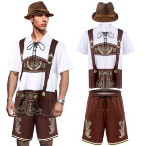 Yahenda Fantasia masculina Oktoberfest Lederhosen Oktoberfest roupas masculinas camisas e shorts com chapéu fantasia bávara cerveja, Branco principal e marrom, G (Cervejas)