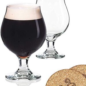 ECODESIGN-US 2 copos de cerveja estilo belga tulipa com haste - copo de cerveja escura Lambic Ale de 368 g - conjunto de 2 com porta-copos - Vidro premium clássico - Presente de festa de despedida de solteiro para homens ideia (Cervejas)