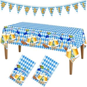 BCCSNNM Oktoberfest Toalha de mesa de plástico, 2 peças de capa de mesa xadrez azul e branca e bandeiras de banner para decorações de festa Oktoberfest do festival de cerveja da Baviera (137 x 272 cm) (Cervejas)