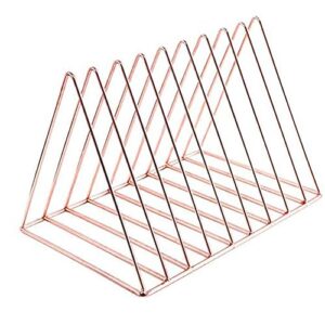 Suporte de disco de vinil de metal ouro rosa, suporte vertical para toca-discos, organizador de arquivos para mesa, organizador de papel e suporte de discos, suporte de vinil triangular vertical 9 (Discos de Vinil)