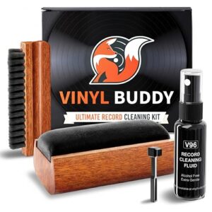 Vinyl Buddy O melhor kit de limpeza de discos de vinil de 5 peças | com pincéis de madeira real – Inclui: Escova de veludo profissional, escova de microfibra e limpador de agulha – limpa, protege e (CDs)