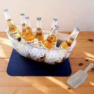 SIUPER Balde de gelo de 5,5 L, 42 x 16,3 x 18,5 cm, 1 peça com tapete de secagem e colher para festas, banheira de bebidas para vinho espumante de cerveja champanhe, refrigerador/suporte de acrílico (Cervejas)