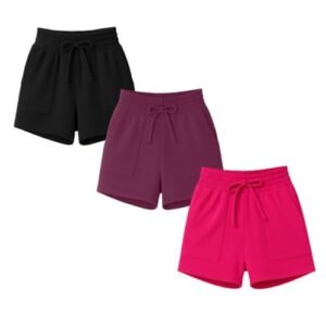 Short Moletinho Feminino Acinturado Kit 3 Tamanho Único Cós com Elástico Barra a Fio Cores Variadas e Conforto (Vinho, Rosa Choque e Preto, M) (Vinhos)
