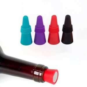 4 peças de rolhas de silicone para vinho com parte superior aderente, selos de garrafa reutilizáveis para champanhe de vinho, preto, vermelho, azul claro, roxo, mantém fresco e saboroso (Vinhos)