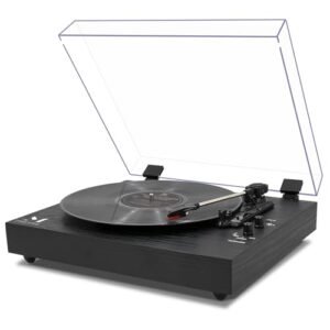 Toca-discos de vinil com alto-falantes estéreo duplos embutidos, toca-discos vintage com entrada Bluetooth de 3 velocidades, saída RCA, bandeja de tamanho completo, parada automática, capa acrílica (Discos de Vinil)
